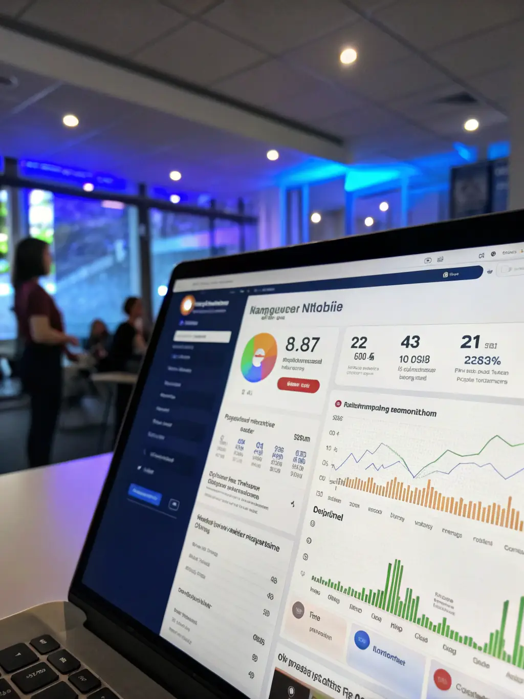 An engaging image showcasing a social media management dashboard, with analytics and content calendars, reflecting The Digital Bird's approach to social media.