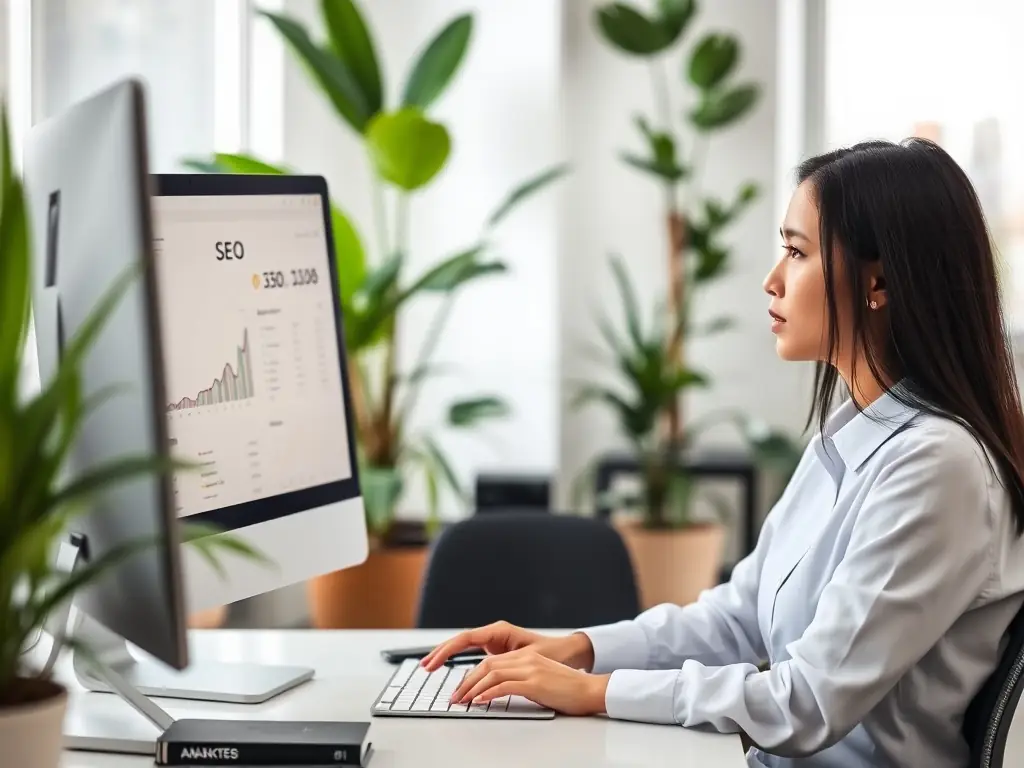 A focused digital marketing specialist is analyzing SEO data on a laptop in a modern Abu Dhabi office, showcasing The Digital Bird's expertise in SEO strategies.